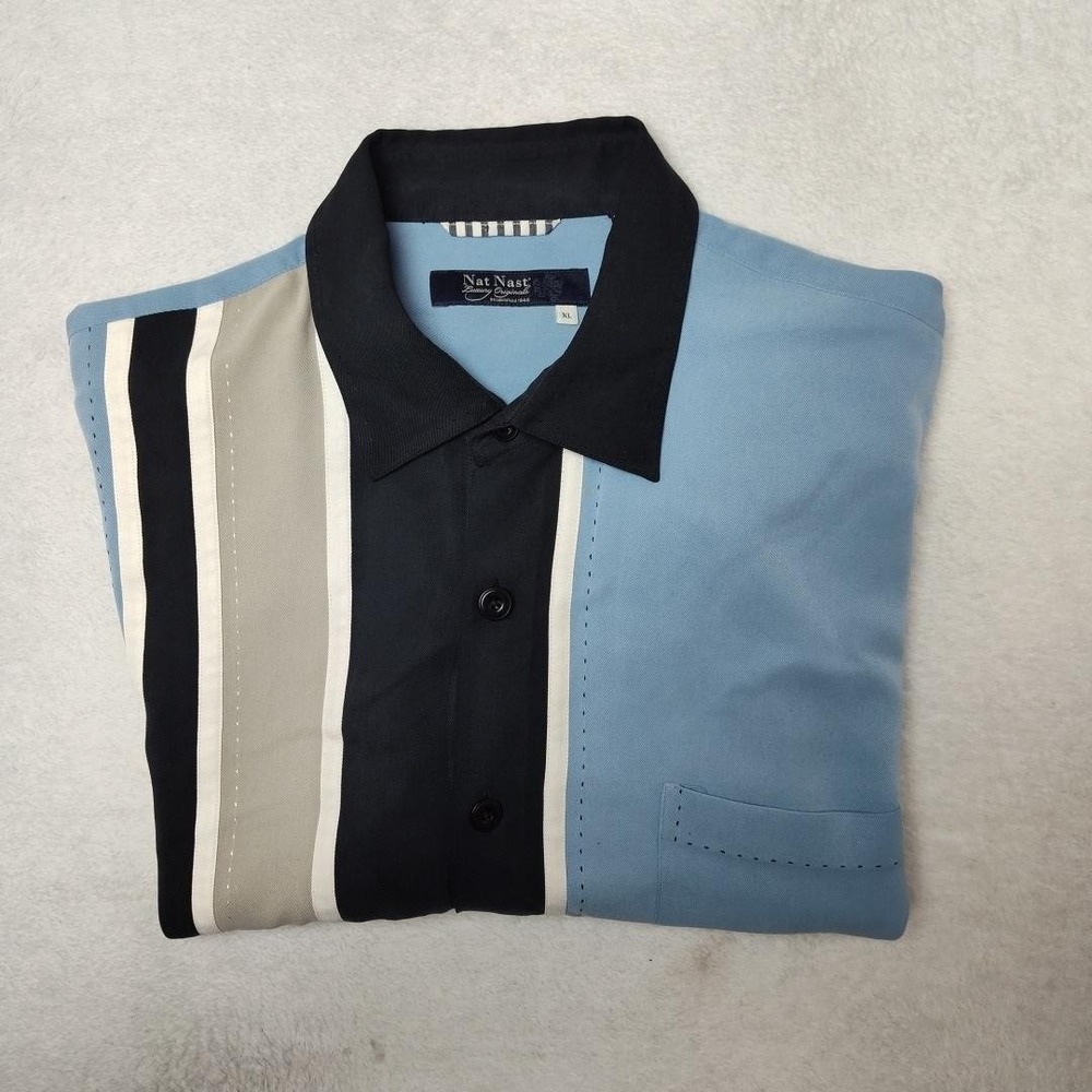 Nat Nast Shirt Mens XL Blue Coastline Striped Silk Button-Up Pocket Twill